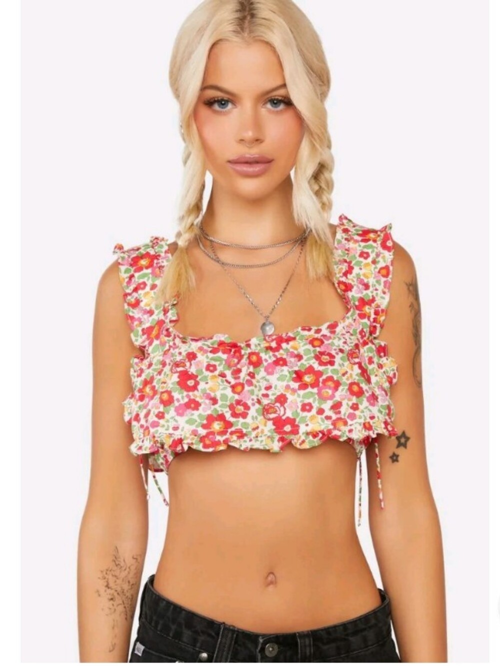 For Love & Lemons  Auden Pink Floral Ruffle Tie Back Crop Top Cottagecore Boho